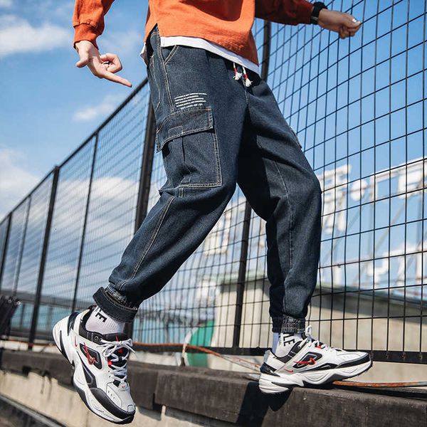 

jeans spring /autumn 2020 korean fashion casual large size loose tooling men's long trousers cargo men denim, Blue