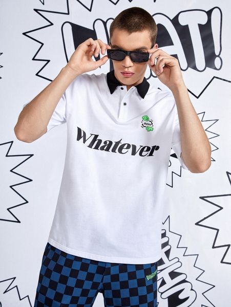 

men gesture & letter graphic polo shirt l5g0#, White;black