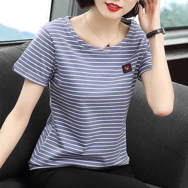 

лето пальто топа топ среднего возраста мама 2020 женщин бига женщины универсальны вокруг шеи полосатой футболки с коротким рукавом футболка, White