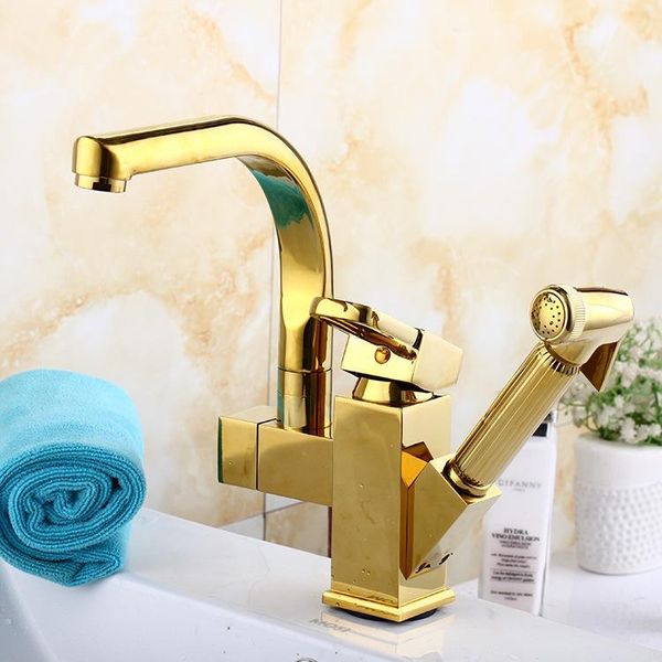 

kitchen faucet with pull out spray gun 360 degree rotation solid brass chrome finish vessel sink basin tap mixer1