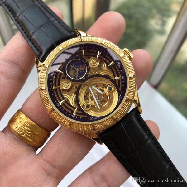 

men watches dress genuine leather automatic 42mm gold wrist watch moon phase for mens water resistant clock dropshipping, Slivery;brown