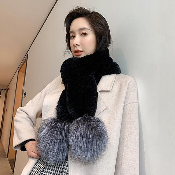 

scarves women's real rex fur scarf with two silver pompom lady's winter warm muffler genuine s7727, Blue;gray