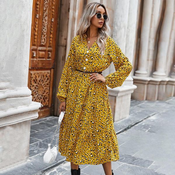 

casual dresses woman's elegant leopard print long sleeve button dress female v-neck office lady work ruffle slim spring autumn, Black;gray