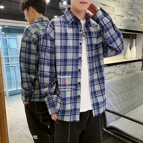 

2020 new spring men casual shirt loose check long sleeve male turn-down collar plaid shirt hlz1926451, White;black