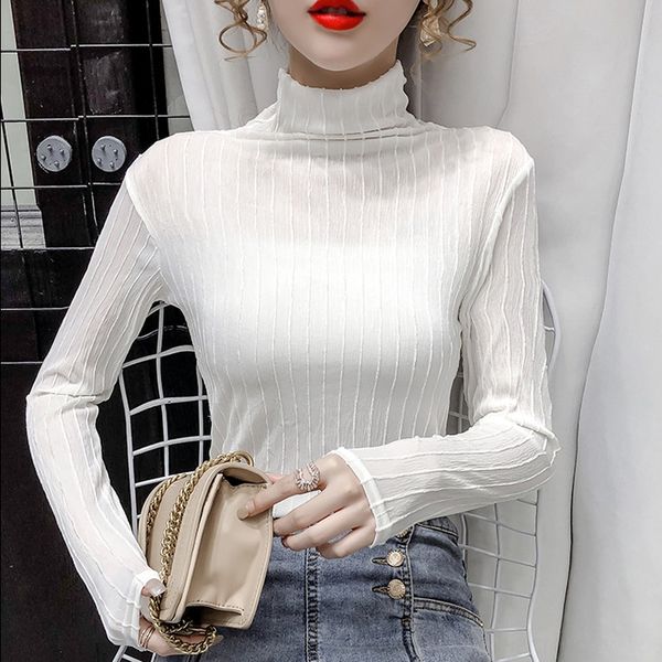 

top 2020 новые осенью женщины и зима внешняя стиль тонкого дна с slim fit t- рубашкой shirtand высокой шеи длинного рукавом футболка тенденц, White