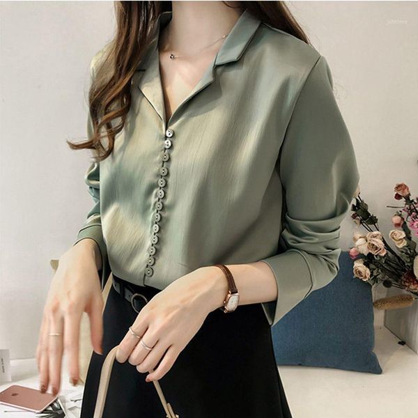 

women casual satin buttons blouses long sleeves v neck solid vintage shirt autumn new fashion women and blouse 4xl1, White