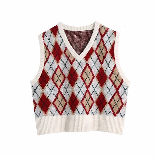 

2021 new women fashion diamond check knitted vest sweaters vintage v neck side vents female waistcoat chic jumper, White;black