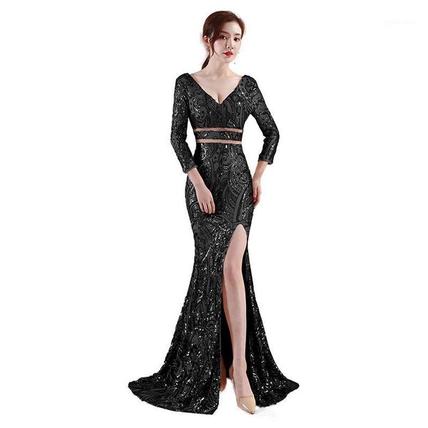 

gold mermaid evening dress sequin long sleeve v neck black evening dresses long green gown formal dress women1, White;black