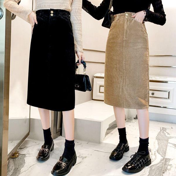 

high waist midi vintage corduroy slit women streetwear female skirts autumn spring1, Black
