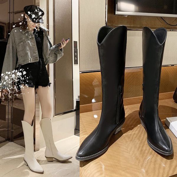 

boots women's white high boots, vintage block heel riding fashion british style western cowboy (height 4cm 1.57inches, po, Black