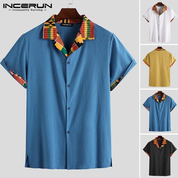 

men's casual shirts incerun 2021 ethnic style men shirt short sleeve lapel printed patchwork cotton camisas streetwear mens african shi, White;black