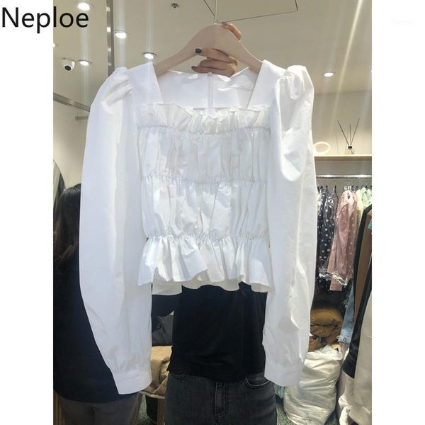 

neploe vintage square collar short ruffle shirt puff long sleeve pleated slim blusas 2020 spring new solid blouse 591811, White