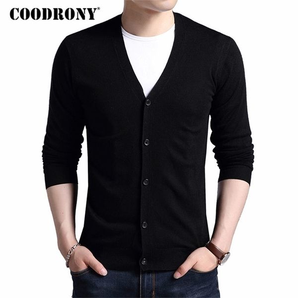 

coodrony cardigan men autumn winter soft warm cashmere wool sweater men pure color classic casual v-neck cardigans 7402 201117, White;black