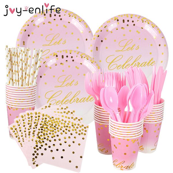 

gold dot pink disposable tableware plate cup napkins 1st birthday children's day girl party supplies wedding decor