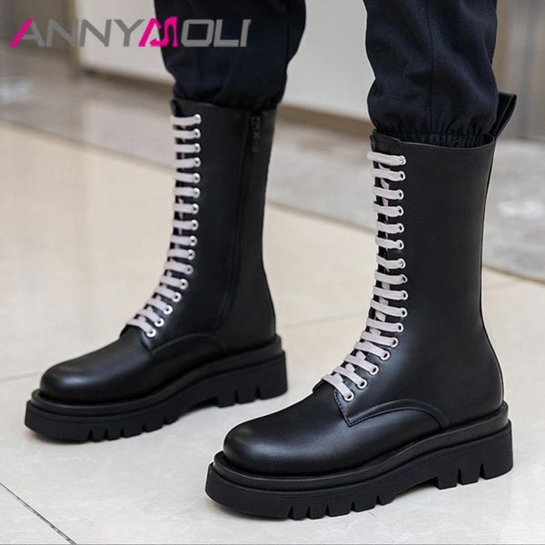 

annymoli platform flat motorcycle boots woman lace up mid calf boots zip round toe female shoes autumn winter black big size 43
