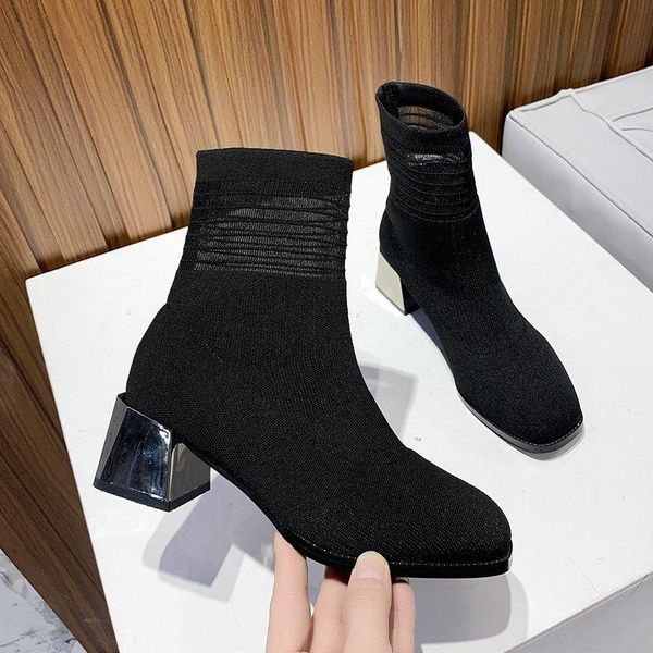 

new autumn winter boots slip on strech fabric sock boots crystal square heels solid black ankle for women shoes woman