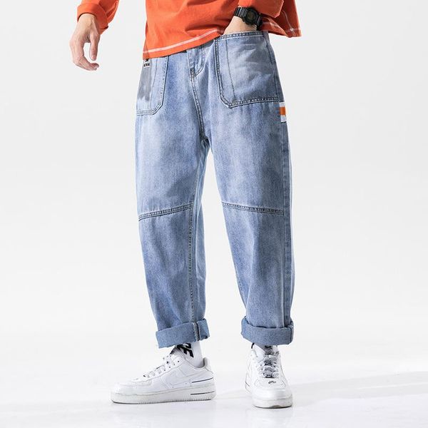 

casual loose straight pants men jeans hip hop mens street wear trousers fashion spliced blue denim kg-778