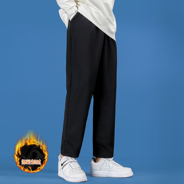 

sports pants men's straight casual knit trousers trendy loose plus fleece thickened long solid color wild jogging, Black
