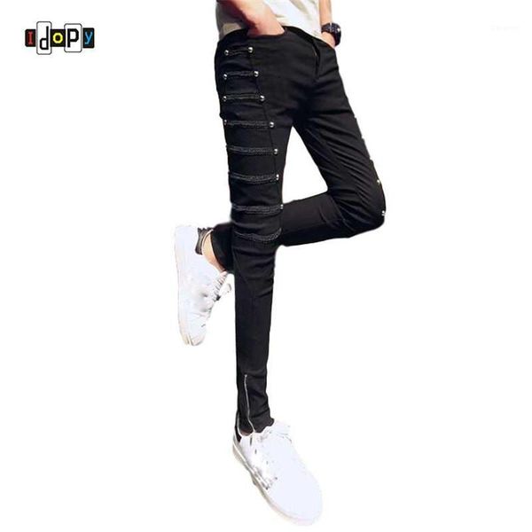 

idopy fashion slim fit pants punk style black patchwork stretchy zippers dance night club gothic button jeans trouser for men1, Blue