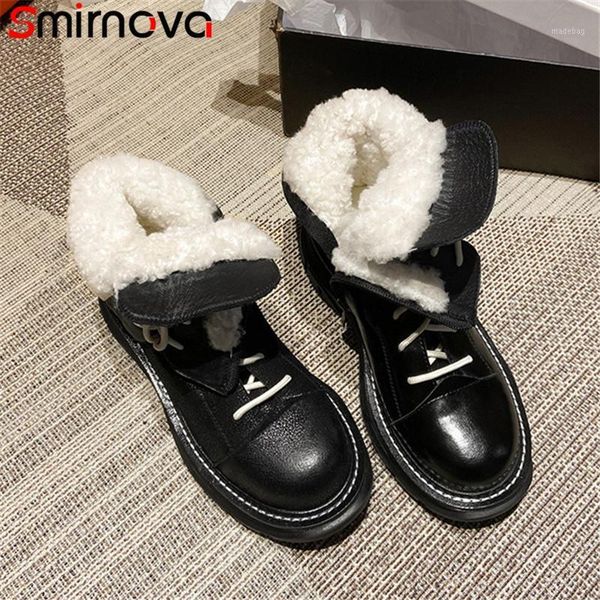 

boots smirnova 2021 arrive ankle women genuine leather shoes comfortable low heel casual warm winter snow women1, Black