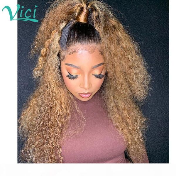 

1b 27 ombre парика человеческих волос младенца монгольского волос afro kinky завитого парик для женщин цветных lace front human парики 180%, Black;brown