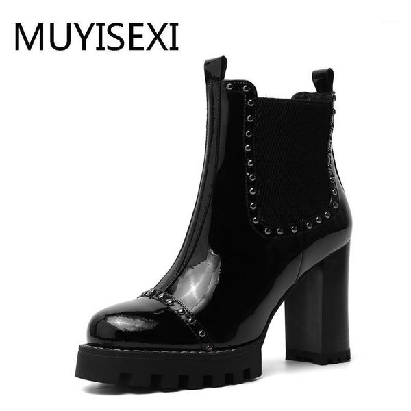 

platform ankle boots 9 cm high heel patent leather autumn boots women winter shoes women plus size 34-42 jgg05 muyisexi1, Black