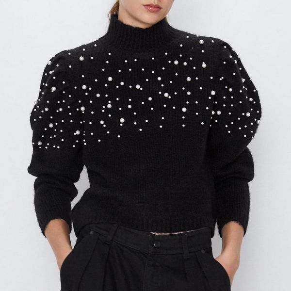 

stylish women black sweater autumn 2019 new fashion full sleeve pearls sweaters modern lady loose pullovers1, White;black