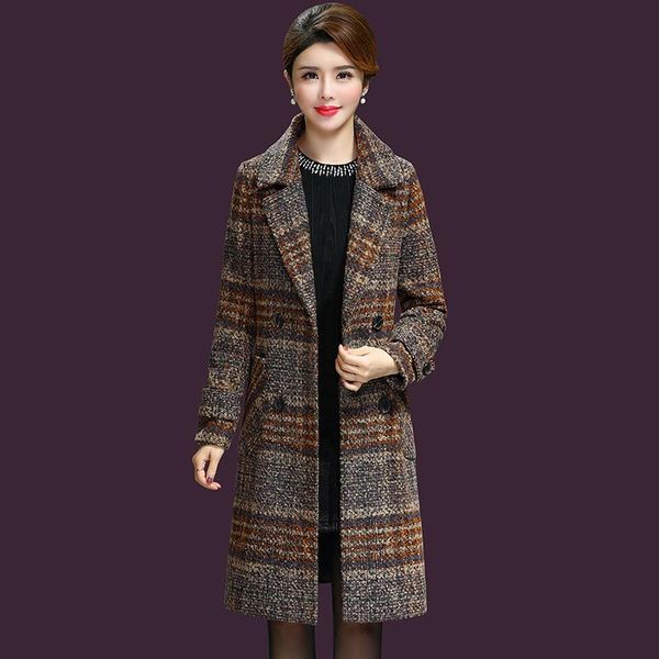 

women's wool & blends autumn winter coat women 2021 fashion turn-down collar double breasted medium long striped woolen overcoat plus 5, Black