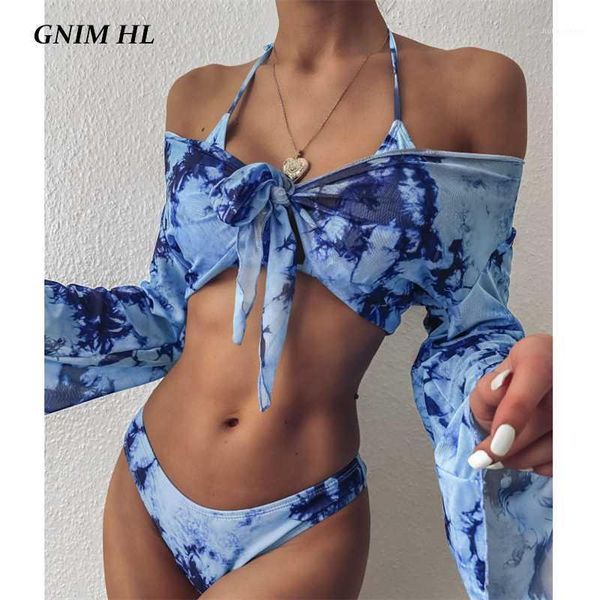 

gnim long sleeve swimwear women bandage bikini mujer 2020 summer print brazilian swimsuit female three pieces biquini set1, White;black
