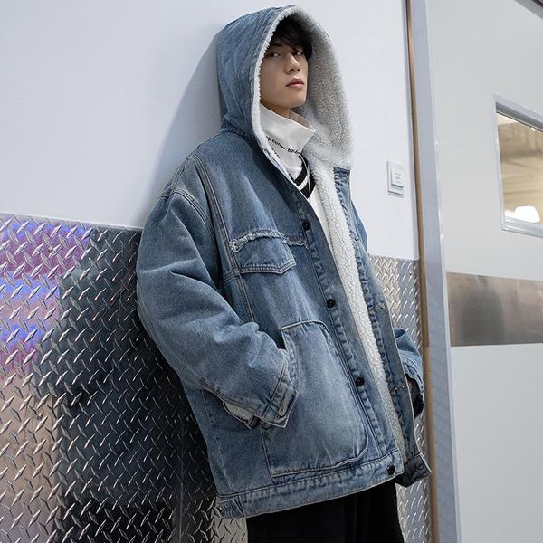 

winter men's denim hooded lambswool lining coat casual blue black parka thick warm outwear size s-4xl x9