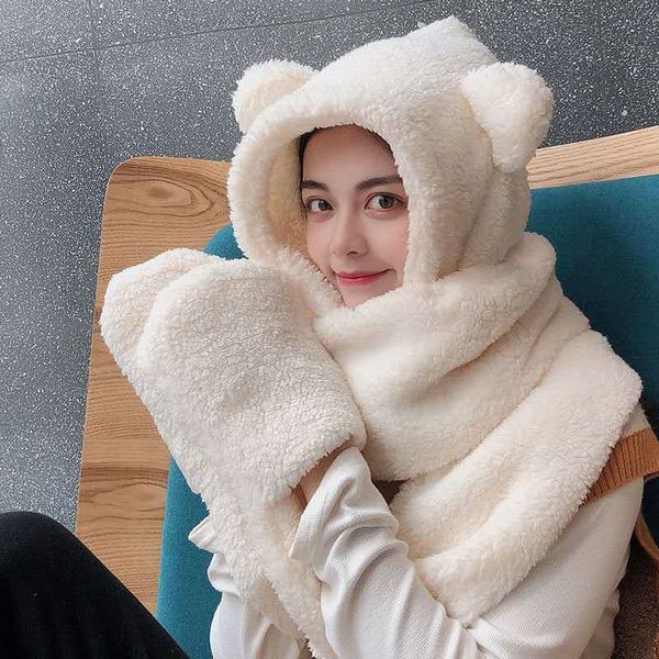 

bear women' autumn and new versatile ear protection scarf gloves three piece set warm winter cute plush hat, Blue;gray