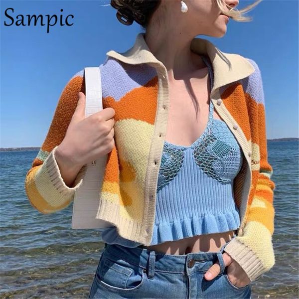 

sampic print women knitted short basic sweater cute cropped jumper autumn winter 2020 long sleeve cardigans outerwear, White;black