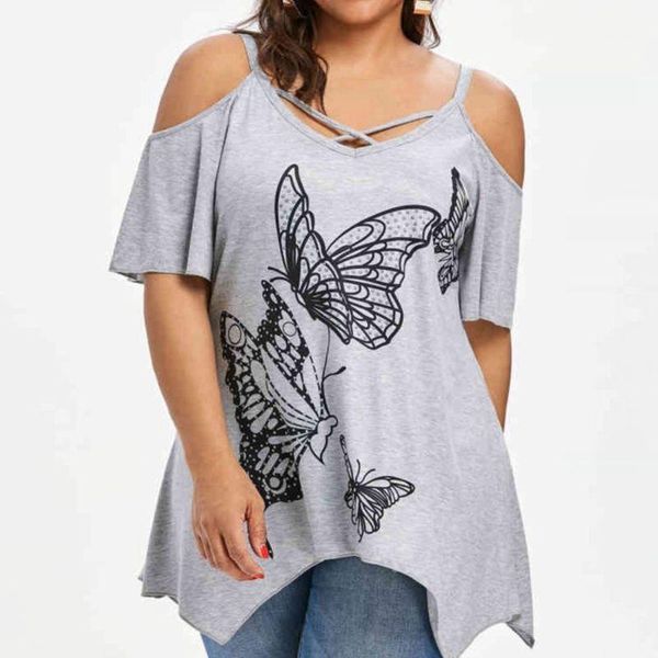 

summer large size sling t-shirt 3xl-7xl bust 130cm fashion women's sling butterfly printing irregular hem casual t-shirt1, White