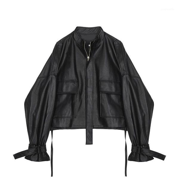 

korean women loose thin leather jacket female spring new drawstring bandage leather jackets1, Black