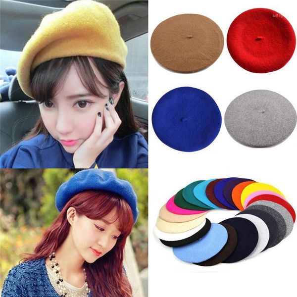

berets 2021 autumn winter vintage women girls sweet youth wool warm plain beret hat cap ladies hats caps 11 colors1, Blue;gray