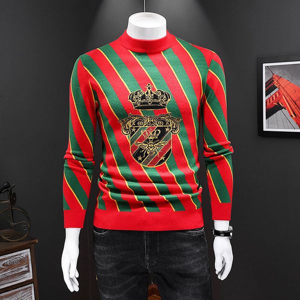 

men's t-shirt fashion casual sweater high neck long sleeve knitted sweater slim men's striped color-blocking thickened t-shirt, White;black