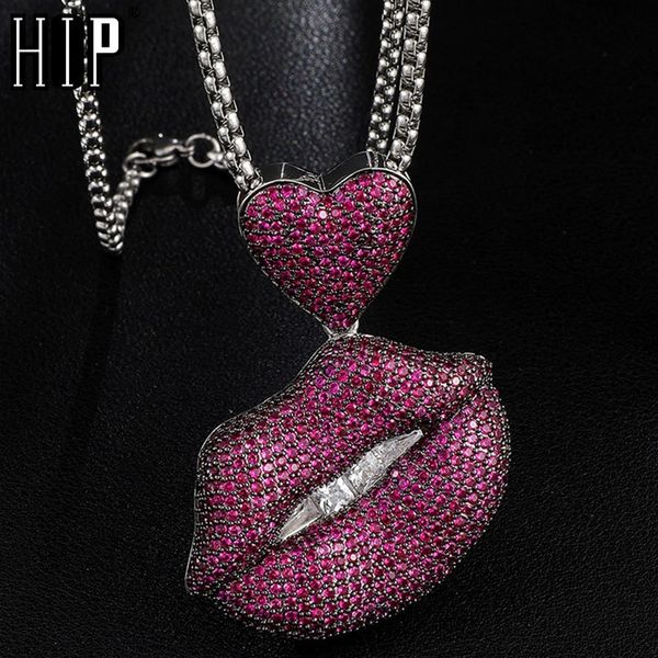 

hip hop full iced out cz aaa+ purple lips square stones solid back pendants & necklaces men women for men charm jewelry 201013, Silver