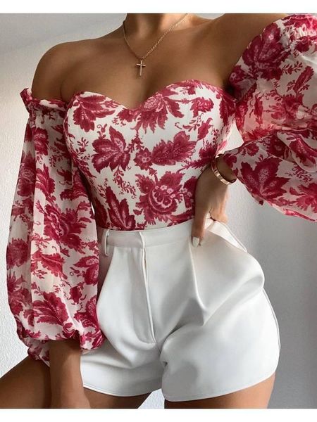 

autumn lantern sleeve vintage blouses women floral long corset crop elegant female, White