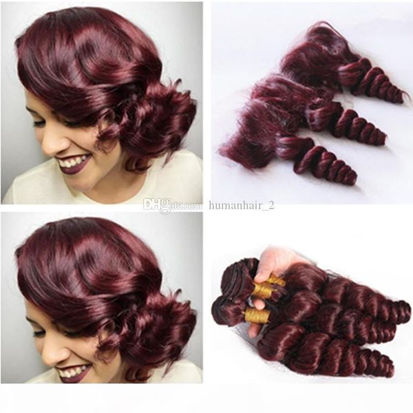 

loose wave 99j human hair with lace frontal burgundy human hair bundles with lace frontals wine red indian virgin hair 4pcs lot, Black;brown
