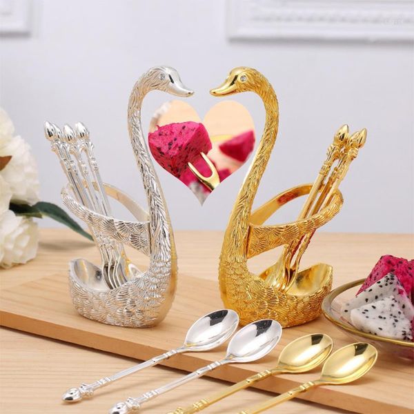 

7pcs/set elegant swan shape fruit base holder forks set stainless steel salad dessert forks coffee spoon swan holder tableware1