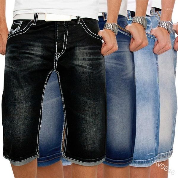 

knee length jeans for men summer casual simple pleated pocket plus size mid waist straight pants lugentolo1, Blue