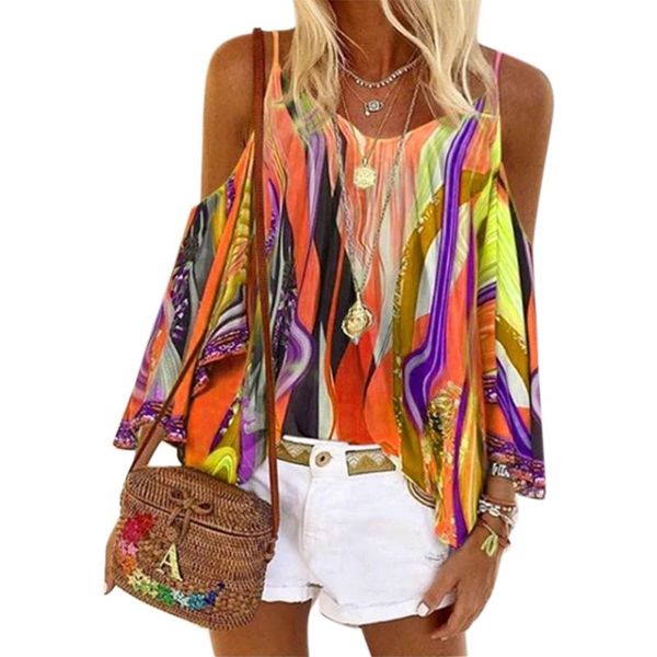 

s-5xl women blouse shirts off shoulder v neck printed women clothing ladies casual beach blousa plus size, White