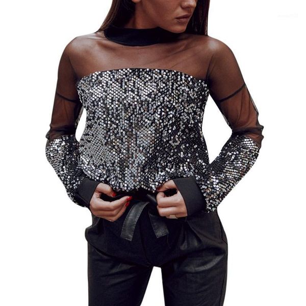 

women's blouses & shirts feitong fashion women sequin hollow perspective mesh o-neck blouse shirt clothing feminine blusas1, White