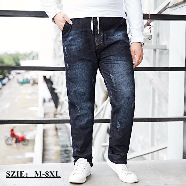 

men embroidery elastic waist casual straight jeans fashion cotton stretch man jeans denim pantstrousers plus size 6xl 8xl1, Blue