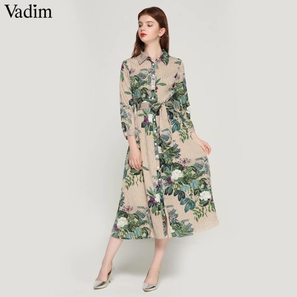 

vadim women vintage floral striped midi dress bow tie sashes long sleeve pleated female casual chic dresses vestidos qa178 y200101, White;black