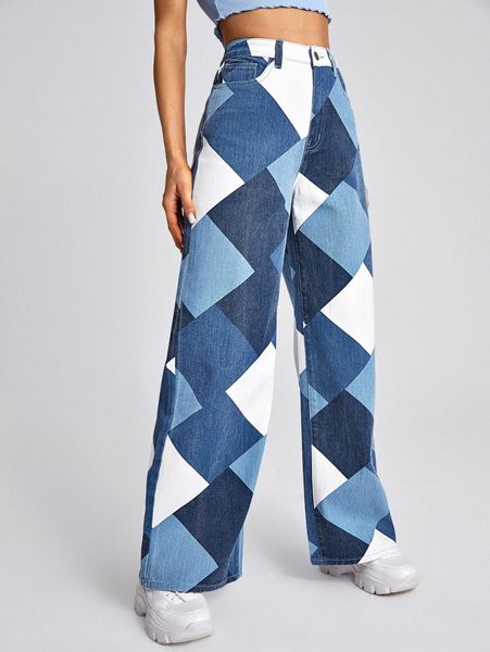 

high waist argyle print wide leg jeans w9tg#, Blue
