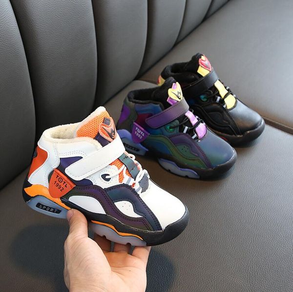 

autumn boys sport child basketball leather fashion running toddler shoes kids outdoor ankle boots plush warm sneaker, Black;red