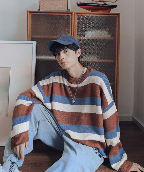 

casual sweater men knitwear winter autumn jumper pullover striped plus size round neck knitted sweater man, White;black