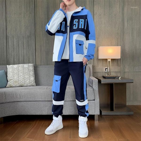 

running sets men's streetwear tracksuit two piece set sweatsuit autumn leisure suit zipperjackets and hip hop harlan pants sportswear s, Black;blue