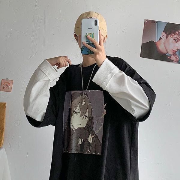 

black patchwork tshirts japan harajuku hip hop t-shirts men women autumn couple long sleeve loose cartoon t shirt males, White;black